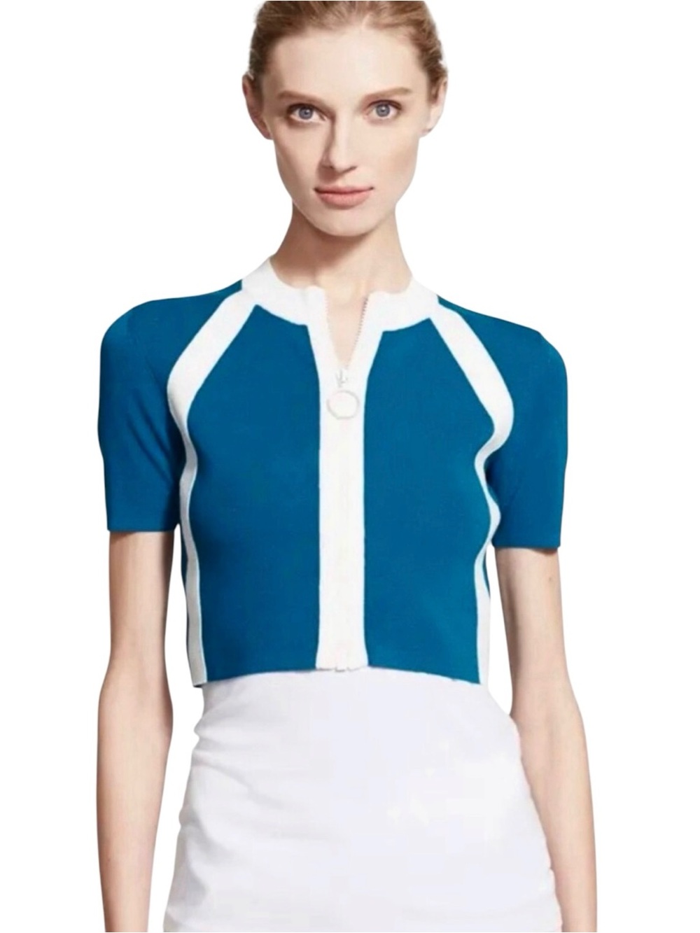 Akris Punto Crop Cardigan Top Blue Stripe Zip Moto Knit Preppy Designer 6